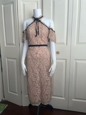 Just me women's Elegant Lace Cold-Shoulder Midi Dress with Ribbon Trim.  #0299